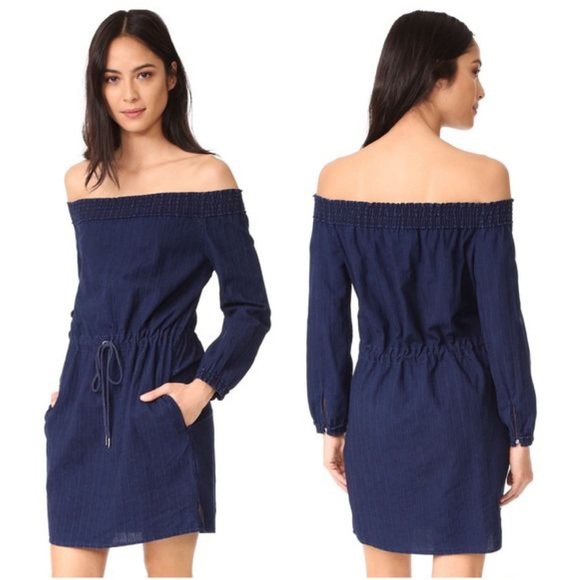 Rag & Bone Drew Off the Shoulder Cotton Drawstring Waist Dress In Indigo NWT M - Picture 3 of 16
